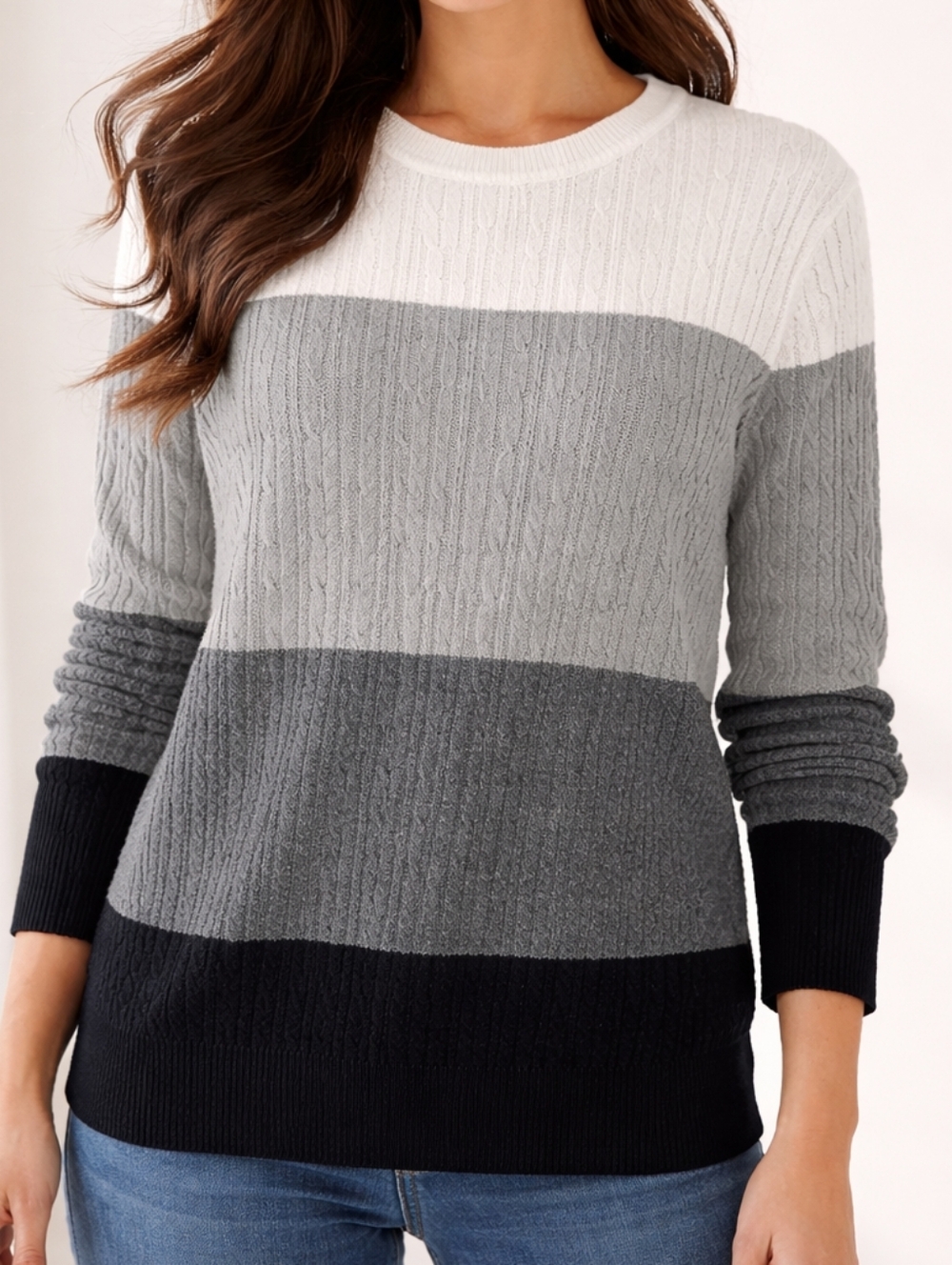 Kim Rogers Cable Crew Sweater Color Block Cozy Fall Size Medium